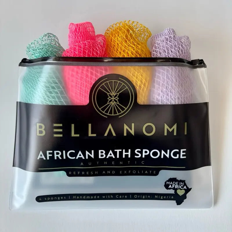 Bellanomi 4 Pack African Exfoliating Net Sponge Bundle, Best Value, Classic Texture Body Scrubber