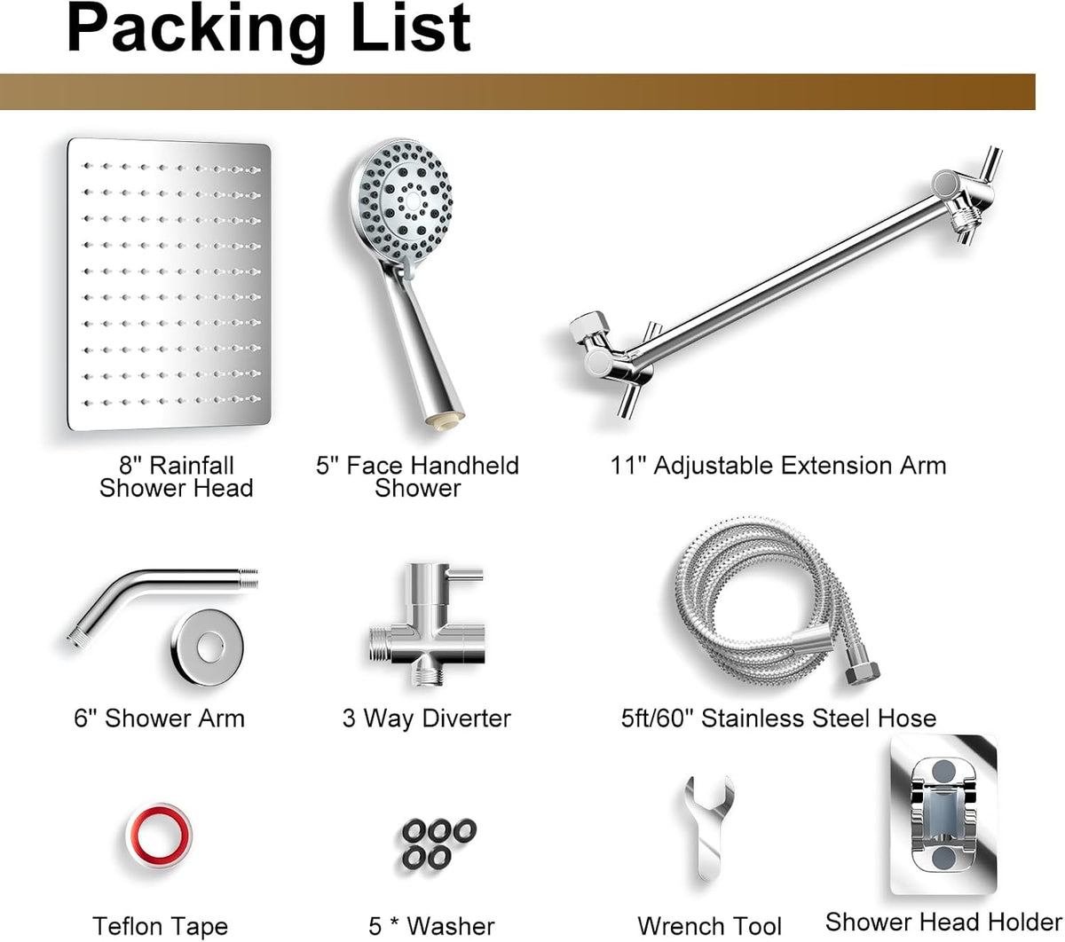 Shower Head with Handheld Spray, 8" High Pressure Rain Shower Head Combo with Adjustable Extension Arm, 5 Spray Modes Dual Showerhead Set, Detachable Handheld Shower, 304 Stainless Steel, Chrome