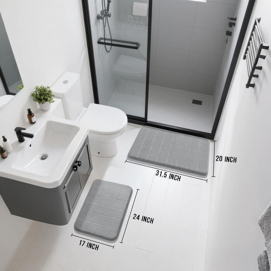 Yimobra Memory Foam Bathroom Rugs Sets 2 Piece - Super Soft Absorbent Quick Dry Bath Mat Set, Machine Washable Non Slip Floor Carpet for Tub Shower & Single Sink (17x24 & 31.5x20 Inch, Gray)