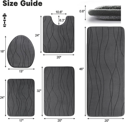 YIHOUSE Bathroom Rugs Set 5 Piece, Memory Foam Bath Mat Dark Grey