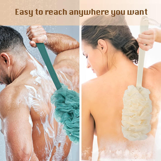 2Pack Back Scrubber for Shower,PIPUHA Loofah Sponge Shower Brush Using Body Exfoliating with Long Handle, Loofah on a Stick for Men Women, Bathing Accessories for Body Brushes (Blue and White)