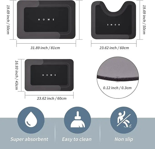 3-Piece Diatomaceous Earth Bath Mat Set, Quick Dry Absorbent Bathroom Rugs with Non-Slip Rubber Backing, Black Rectangular and U-Shaped Floor Mats for Bathroom Kitchen Shower Sink, Easy to Clean