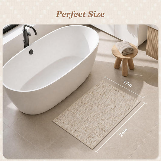 Chenille Bath Mat Non Slip Absorbent Quick Dry Bathroom Mat 17"x24", Beige