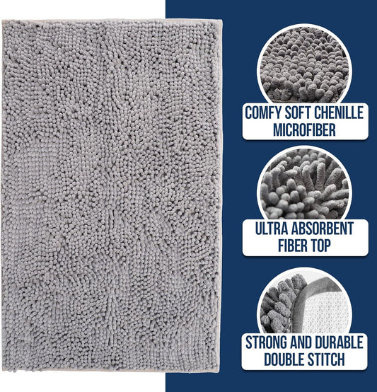 Muddy Mat Chenille Bathroom Rugs Quick Dry Microfiber Mats Non Slip Washable, Extra Thick, Soft and Highly Absorbent Bath Mats for Bathroom, Kitchen, and Shower Floor - Grey Medium 30"X19"