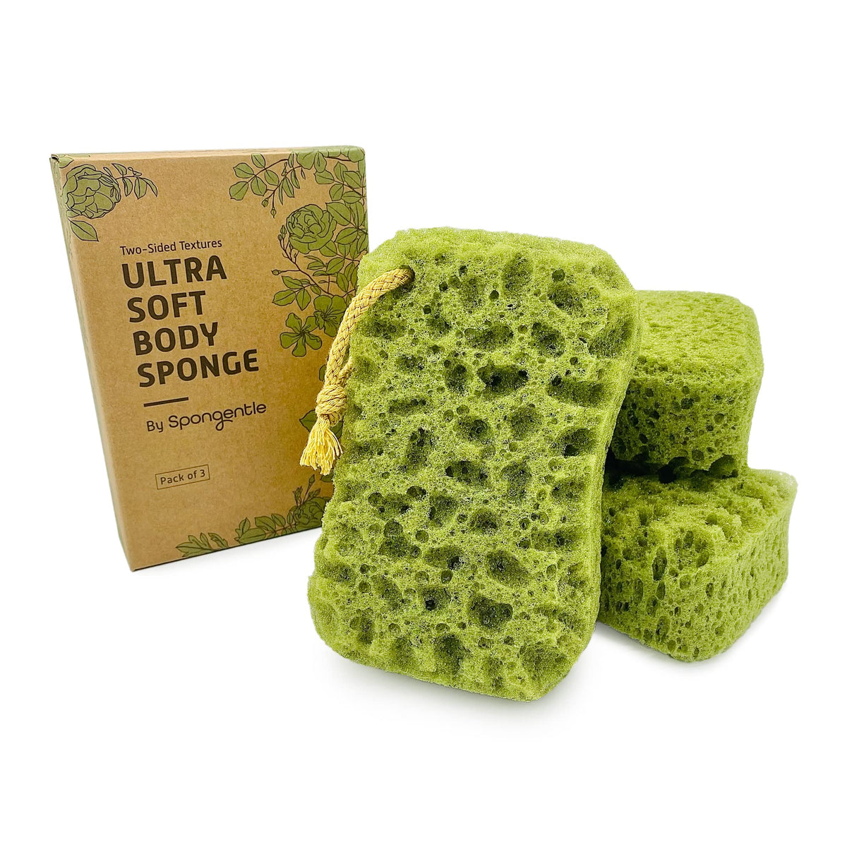 Spongentle Loofah Sponge for Shower and Bathing, Bath Sponge with Dual Texture, Shower Pouf for Gentle and Deep Exfoliation, Large Size Body Scrubber for Men & Women, PU Foam, 37% More Lather, 2 Pack