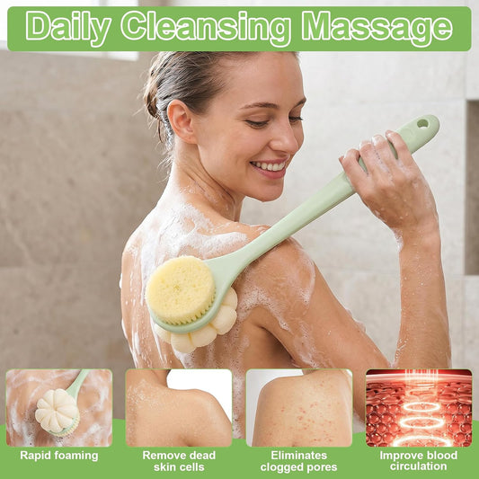 Back Scrubber for Shower with Long Handle, Double-Sided Shower Brush for Body, Loofah Back Scrubber & Bristle Bath Brush, Back Brush for Shower Exfoliating Hard-to-Reach Areas, Bath Brush Long Handle