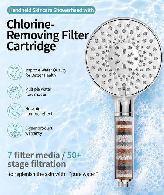 SR SUN RISE Filtered Shower Head with Handheld High Pressure 9 Spray Mode Showerhead Detachable Shower Head Water Softener Filters Beads for Hard Water Remove Chlorine 1 Filter Bright Silver
