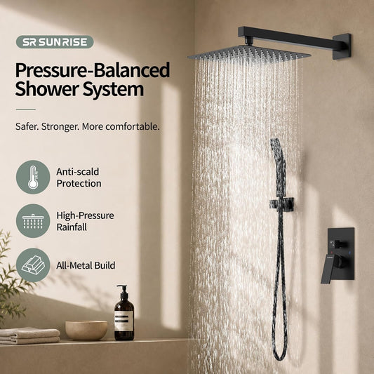 SR SUN RISE Shower Faucet Set 10-Inch Rainfall Shower Head Matte Black