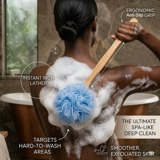 Loofah Back Scrubber for Shower, Wooden Long Handle Bath Sponge Lufa Shower Brush, Soft Nylon Mesh Back Cleaner Washer, Women & Men Exfoliating Luffa Pouf on a Stick for Body (Blue)