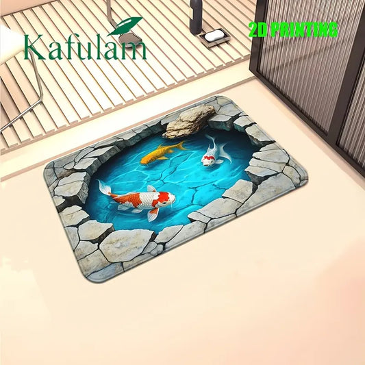Koi Fish Pattern Non-Slip Flannel Floor Mat - Multi-Purpose Bath Mat for Home Entry, Kitchen, Bathroom bedroom non-slip floor toilet