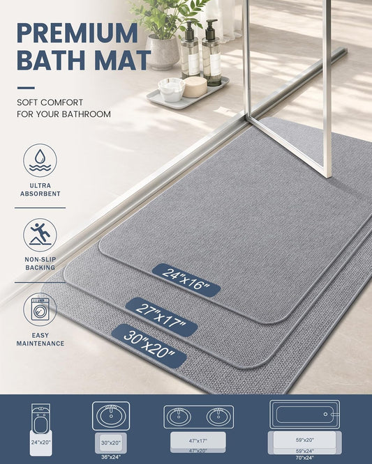 Smiry Ultra Thin Bath Mat 30X20, Non Slip Rubber Washable Bathroom Rugs
