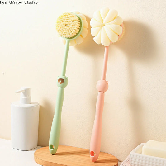 Unisex Long Handle 2-in-1 Bath Brush-Back Scrubber with Soft Bristles, Mesh Loofah for Body Exfoliation, Shower Massager for Camping & Hiking