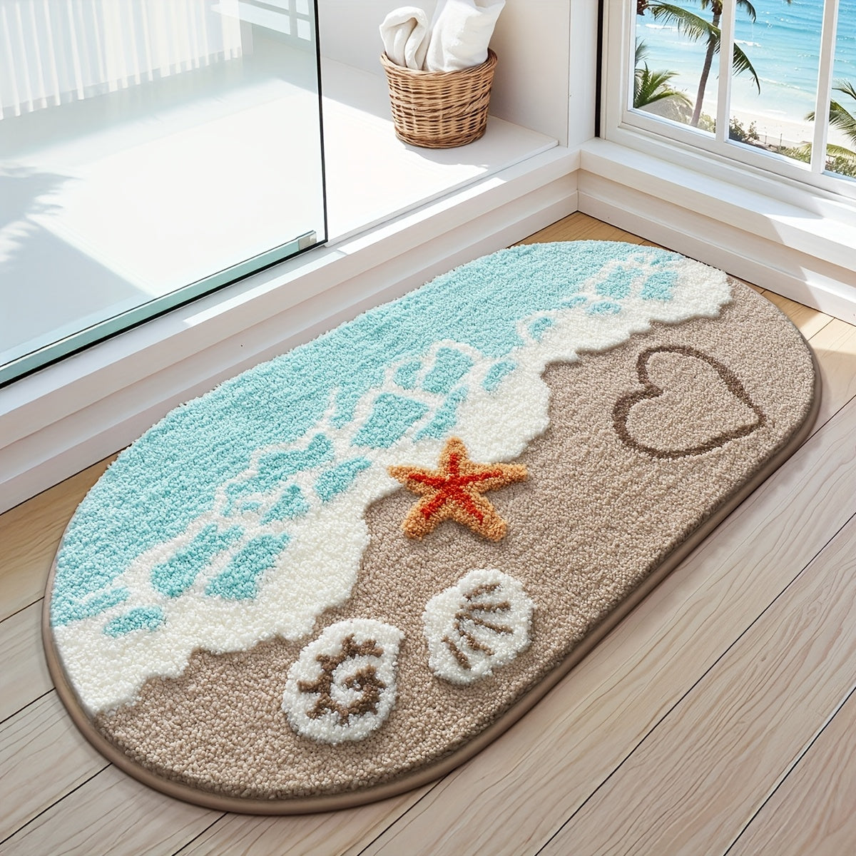DAJIANG Ocean Wave Bathroom Rug, Soft Absorbent Bath Mat with Non Slip Rubber Backing, Beach Style Bathroom Floor Mat for Tub Side, Shower, Sink, Bedroom And Entryway