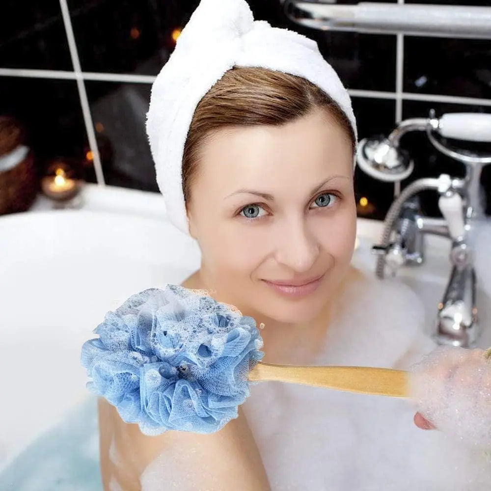 Long Handle Wooden Loofah Sponge Body Scrubber - Eco-Friendly Reusable Waterproof Exfoliating Bath Brush, Adult Bathing Accessory for All Kinds of Skin, Overhead Shower Use