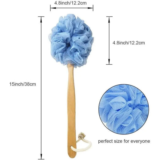 Long Handle Wooden Loofah Sponge Body Scrubber - Eco-Friendly Reusable Waterproof Exfoliating Bath Brush, Adult Bathing Accessory for All Kinds of Skin, Overhead Shower Use
