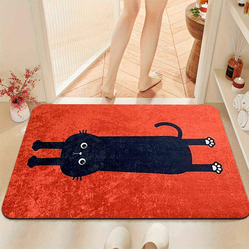 1pc Red Background Black Cat Pattern Door Mat - Fun Pet Style Mat, Non-Slip, Machine Washable Large Mat, Suitable for Indoor And Outdoor Use, Plush Area Rug - Perfect for Outdoor Entrance, Kitchen, Living Room, Bedroom, Hallway, Bathroom