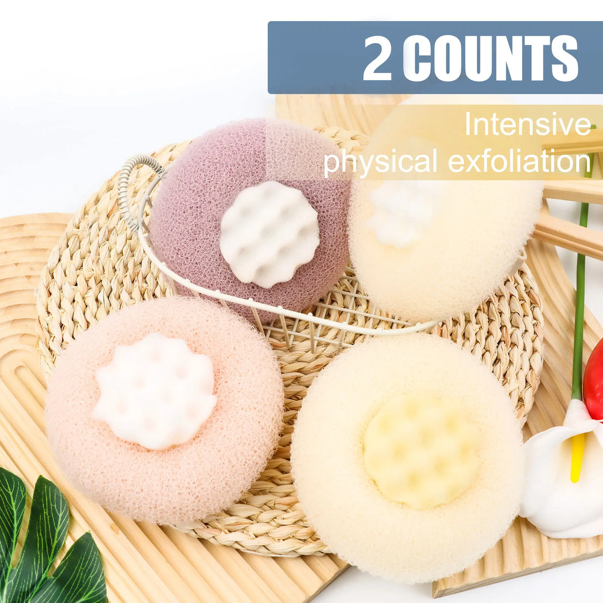 2-Piece Set Personal Round Sunflower Suction Cup Bath Ball, Super Soft Exfoliating Bath Sponge Body Brush Shower Loofah Exfoliating Mitt, Deep Oil Removal, Random Colors,sohochic