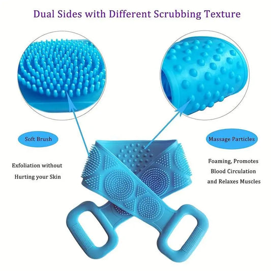 Double-Sided Silicone Body Scrubber for Shower, Unisex Flexible Strap Back Scrubber, Soft Exfoliating Bath Brush for Deep Skin Cleaning, Bathroom Home Supplies Accessories for All Skin Types