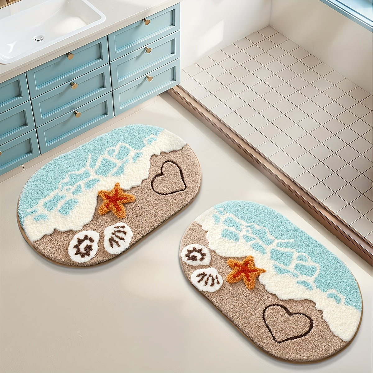 DAJIANG Ocean Wave Bathroom Rug, Soft Absorbent Bath Mat with Non Slip Rubber Backing, Beach Style Bathroom Floor Mat for Tub Side, Shower, Sink, Bedroom And Entryway