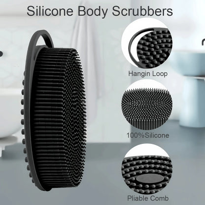 100% Silicone Body Scrubber - 2-in-1 Loofah Brush with Built-in Scrub Pad, Sensitive Safe Bath & Shampoo Brush for Exfoliating Cleaning, Lathers Well (Suitable for Sensitive Skin)