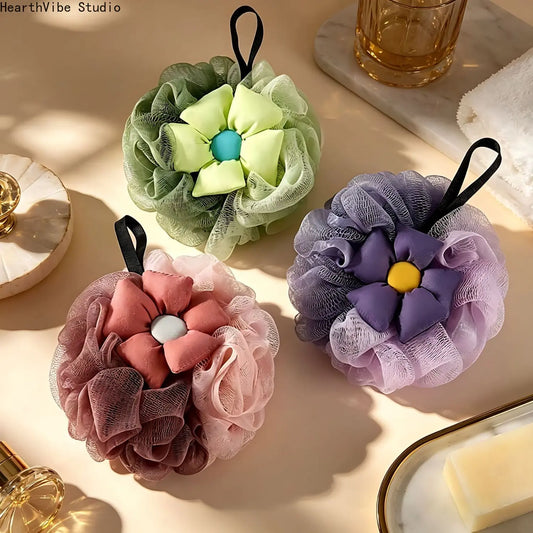 Exfoliating Flower Bath Loofah Sponge, Cute Mesh Shower Puff with Hanging Loop, Aesthetic Body Scrubber for Women Girls Skin Care, Luxury Bathroom Spa Mesh Pouf, Floral Gentle Luffa Cleansing Tool
