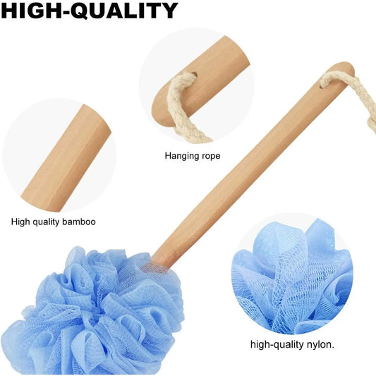 Long Handle Wooden Loofah Sponge Body Scrubber - Eco-Friendly Reusable Waterproof Exfoliating Bath Brush, Adult Bathing Accessory for All Kinds of Skin, Overhead Shower Use
