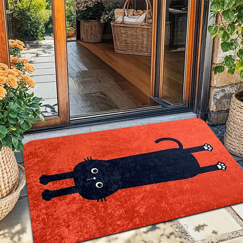 1pc Red Background Black Cat Pattern Door Mat - Fun Pet Style Mat, Non-Slip, Machine Washable Large Mat, Suitable for Indoor And Outdoor Use, Plush Area Rug - Perfect for Outdoor Entrance, Kitchen, Living Room, Bedroom, Hallway, Bathroom