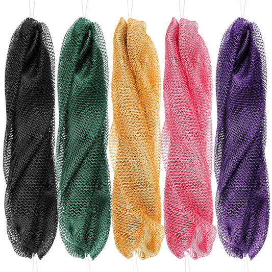 Bluimon African Exfoliating Net Sponge - Authentic Ethical Nylon from Nigeria, 45in Foldable Bath Tool, Quick Exfoliation Back Scrubber, Net Texture Lifts Dead Skin Gently, Personal Daily Body Care Bathing Accessories (Black, Green, Orange, Pink, Purple)