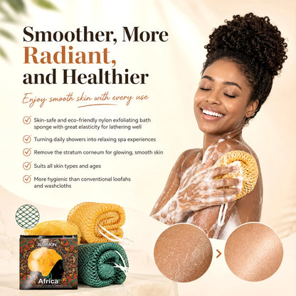 Bluimon African Exfoliating Net - Ethically Sourced from Nigeria, Foldable Exfoliating Mesh Sponge for Normal Skin, Quick-Drying Hygienic Beauty Products for Radiant Skin, Personal Self Care Bath & Body Care Bathing Accessory