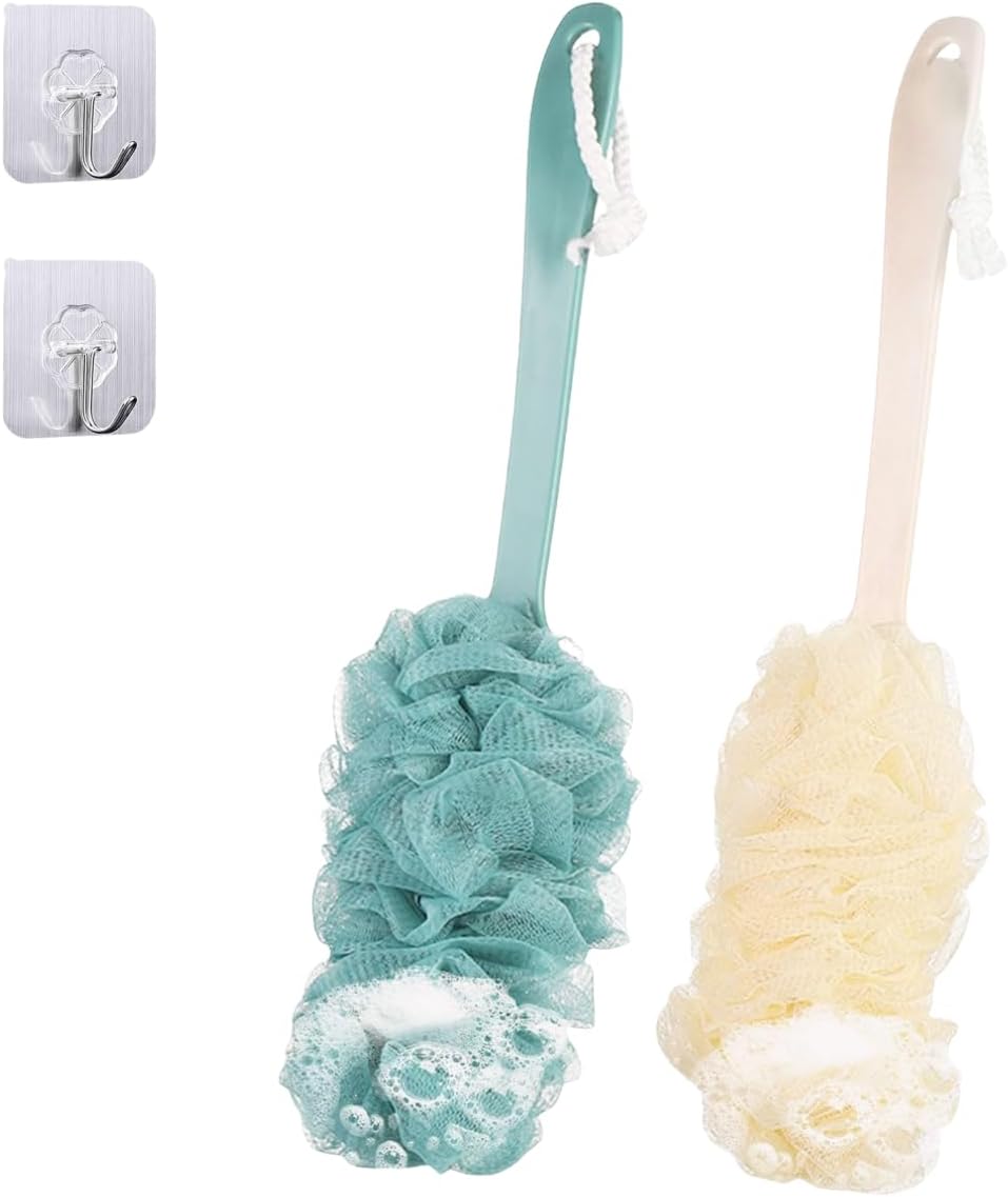 2-Piece Set of Back Brush Scrub Shower Scarves, Long Handled Shower Brushes, Shower Body Brushes with Shower Net Sponge Soft Mesh, Used for Exfoliating and Removing Dead Skin (Green and Beige)