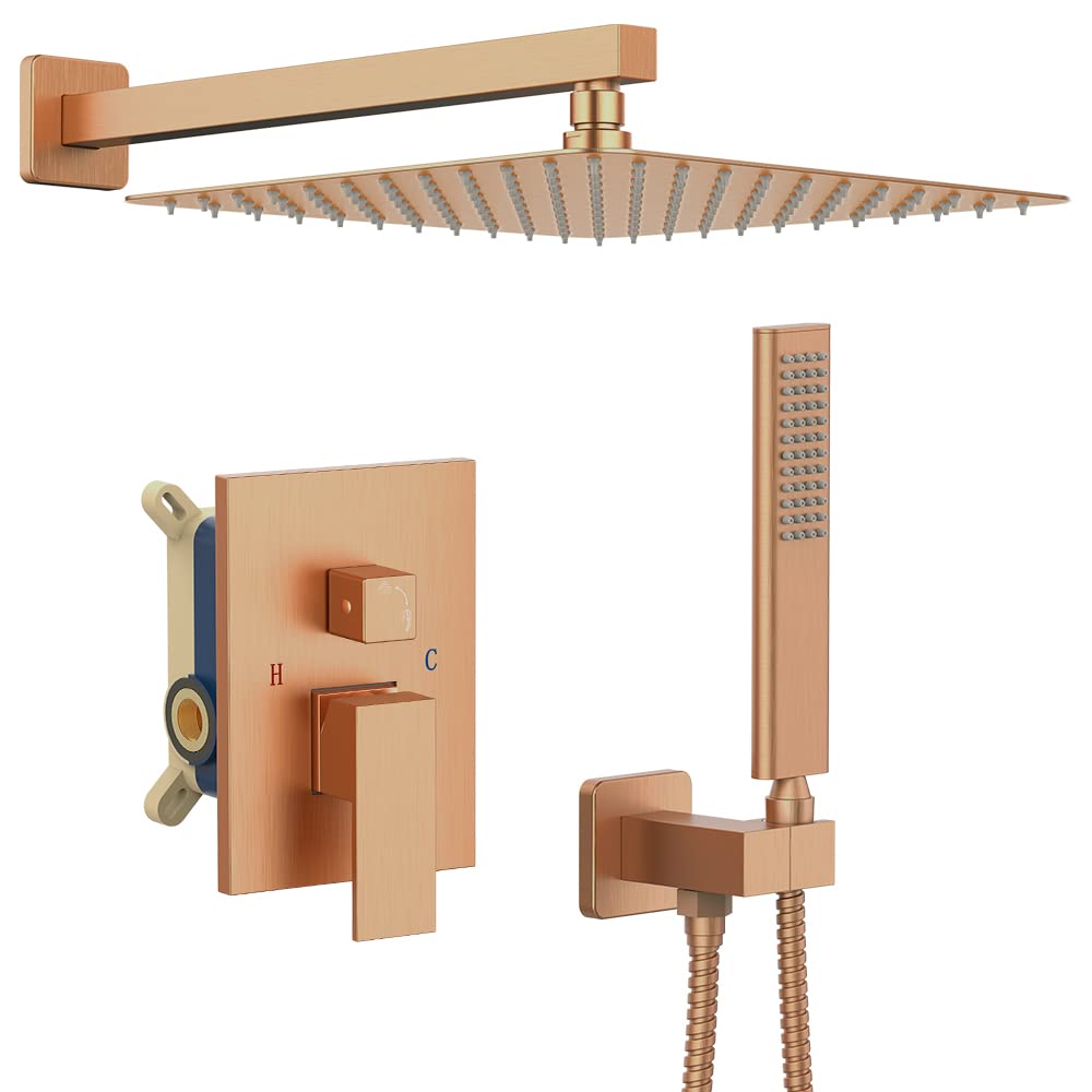 Iriber Brushed Gold Shower Head with Handheld,Rain Shower System Faucet Set