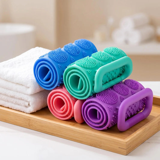 Food-Grade Silicone Exfoliating Shower Back Brush, Unisex Body Care Tool with Adjustable Bath Strap, Grip Handles, Fast-Drying Waterproof Design for Deep Cleansing, Simple Pattern Accessories, 2 Sizes
