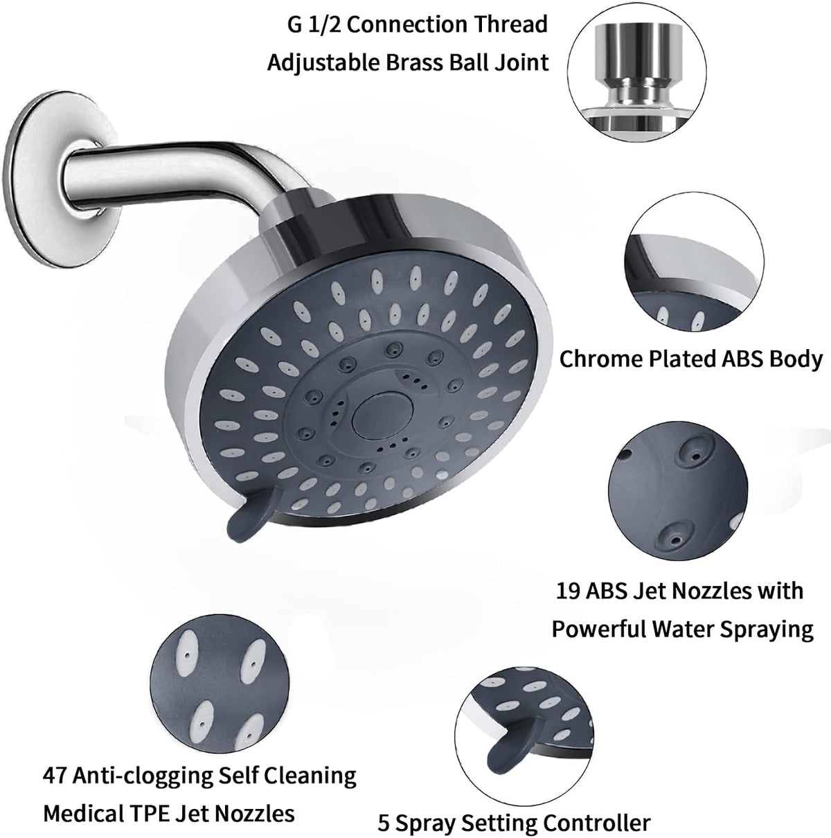 AISOSO High Pressure Rain Shower Head 2PCS 5 Modes 4.1 Inch Chrome