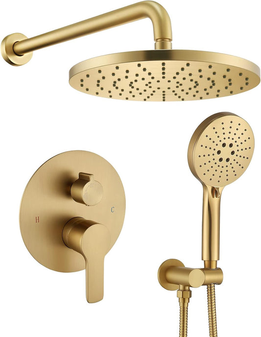 Iriber Brushed Gold Shower Head with Handheld,Rain Shower System Faucet Set