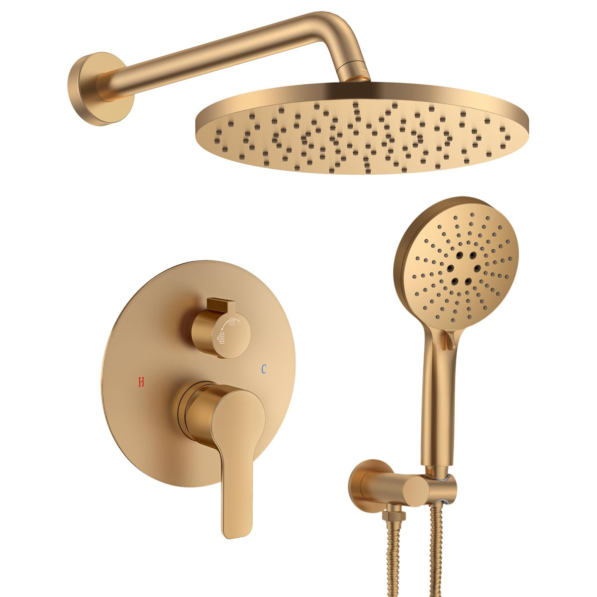 Iriber Brushed Gold Shower Head with Handheld,Rain Shower System Faucet Set