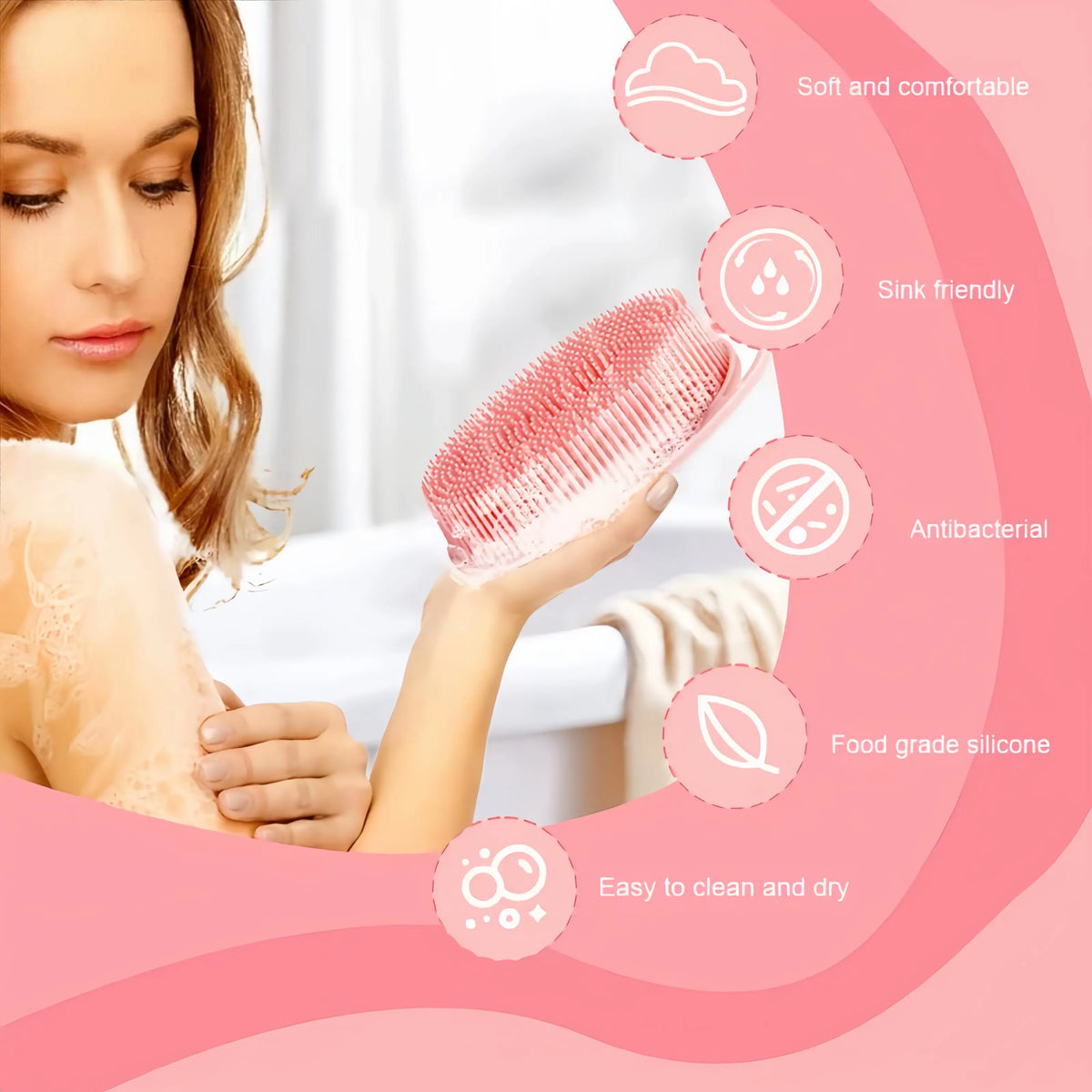 100% Silicone Body Scrubber - 2-in-1 Loofah Brush with Built-in Scrub Pad, Sensitive Safe Bath & Shampoo Brush for Exfoliating Cleaning, Lathers Well (Suitable for Sensitive Skin)