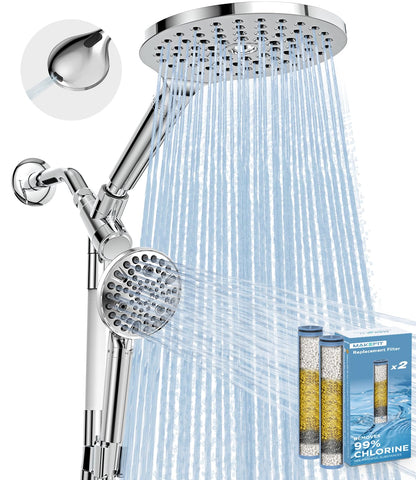 MakeFit Dual Handheld Shower Head Combo, 2-in-1 Rain Shower Heads System 8 Inch Rainfall Shower Head and 10 Modes High Pressure Hand Held Showerhead with Built-in Power Wash