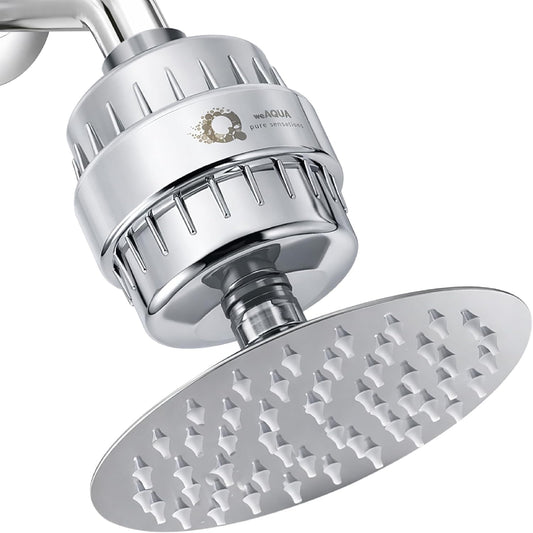 weAQUA SteelRain Filtered Shower Head – 6" Solid Metal Rainfall Shower Head with Shower Filter, Dermatologist Recommended for Softer Skin, Hair, 99% Removal of Chlorine, Fluoride, Heavy Metals