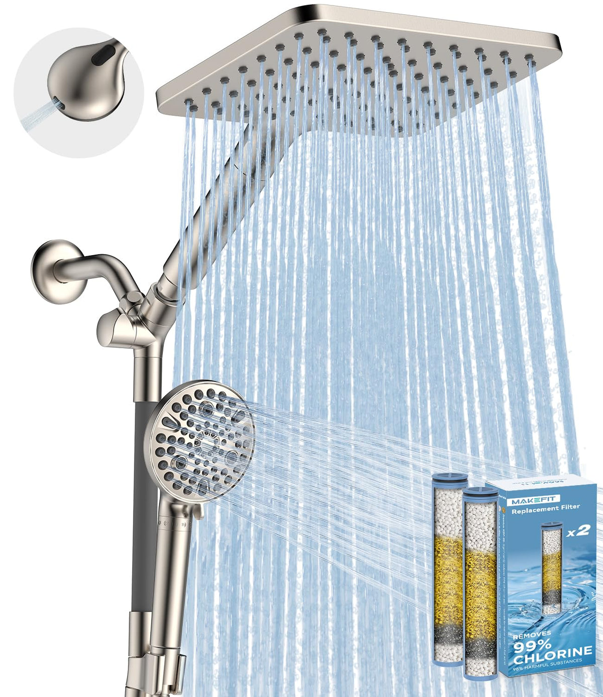 MakeFit Dual Handheld Shower Head Combo, 2-in-1 Rain Shower Heads System 8 Inch Rainfall Shower Head and 10 Modes High Pressure Hand Held Showerhead with Built-in Power Wash