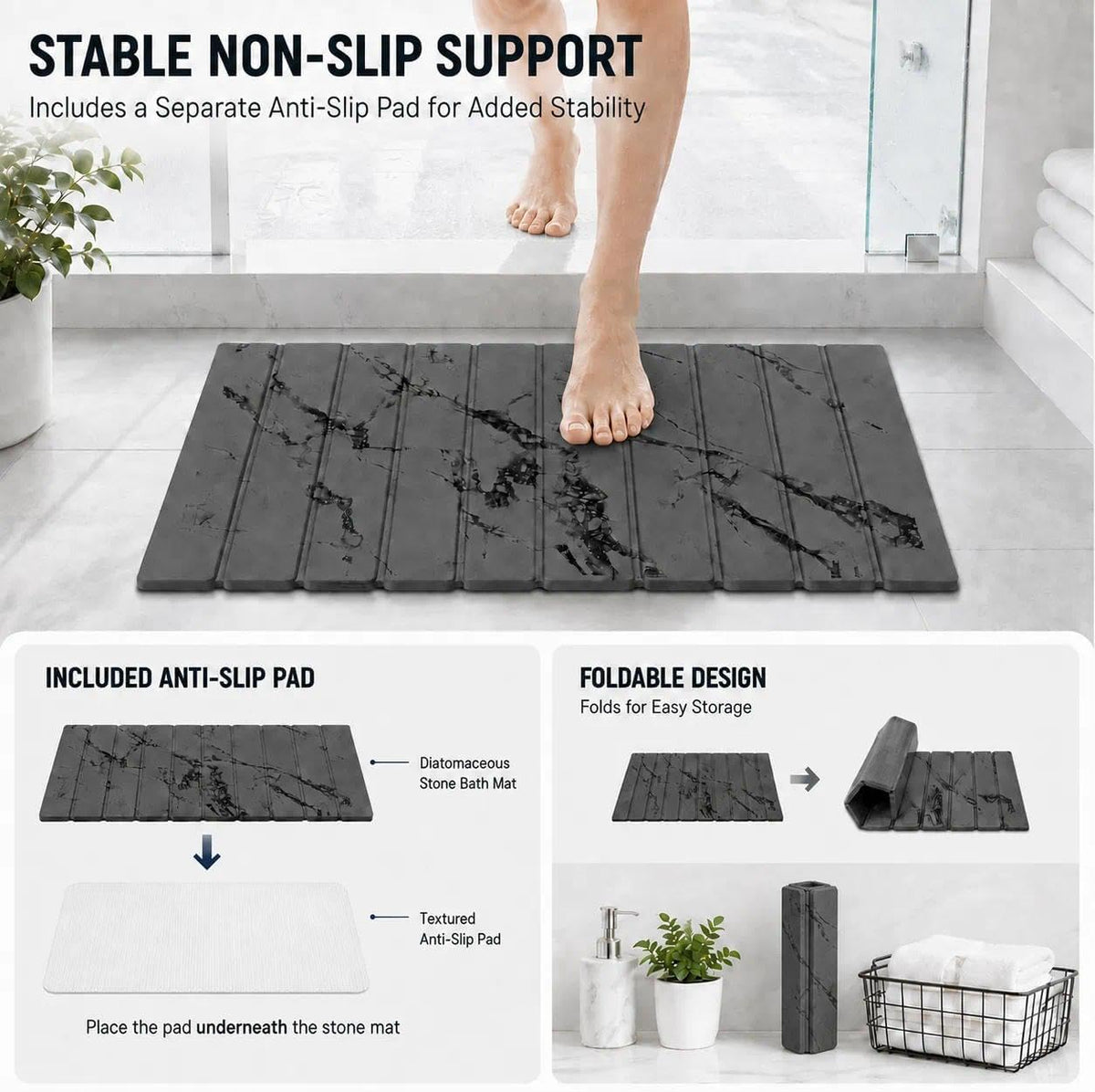 Foldable Stone Bath Mat Quick Dry Diatomaceous Earth Shower Mat 23" x 15"