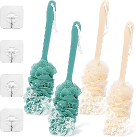 4Pack Back Scrubber for Shower Loofah with Long Handle, Shower Brush for Body, 17″ Loofah on a Stick for Men Women Bathing Accessories, Scrubber Sponge for Exfoliating Bath Brushes (Beige & Green)
