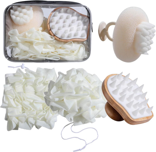 Bath Tools Set, 5 PCS Loofah Washcloth Combo 2-in-1, Suction Cup Bath Ball，Silicone Body Bath Brush with Waterproof Cosmetic Bag, for Body Wash and Smooth Skin