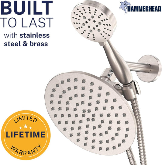 HammerHead Showers Dual Shower Head Combo, 8-Inch Rainfall & 3-Flow Handheld, Brushed Nickel, 2.5 GPM
