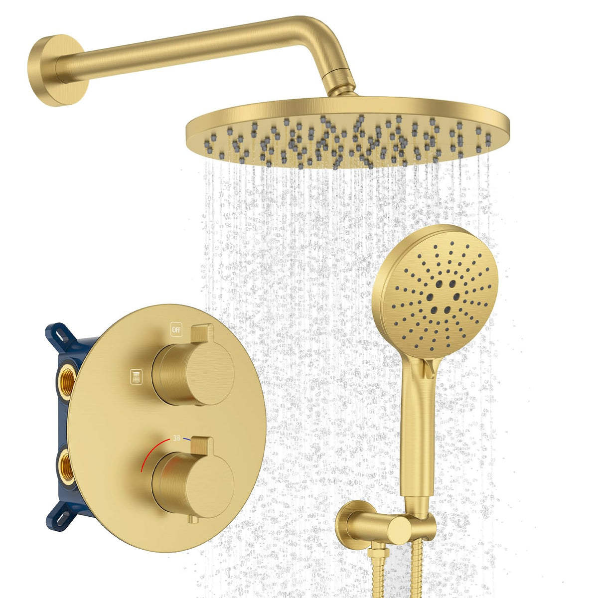 Iriber Brushed Gold Shower Head with Handheld,Rain Shower System Faucet Set