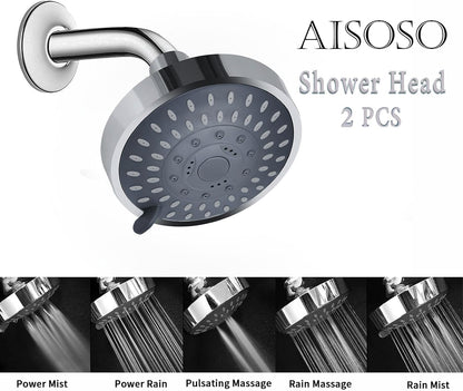 AISOSO High Pressure Rain Shower Head 2PCS 5 Modes 4.1 Inch Chrome