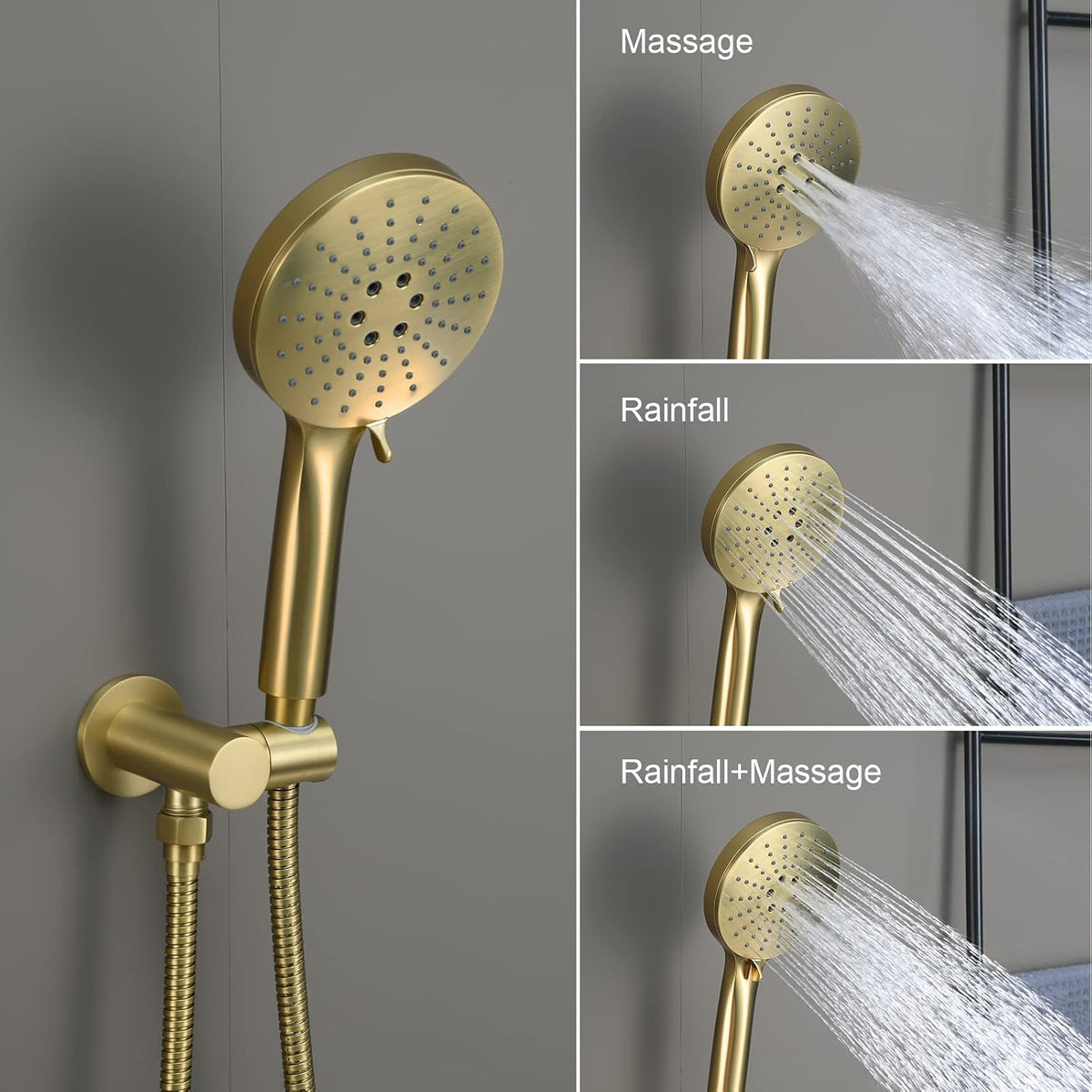 Iriber Brushed Gold Shower Head with Handheld,Rain Shower System Faucet Set