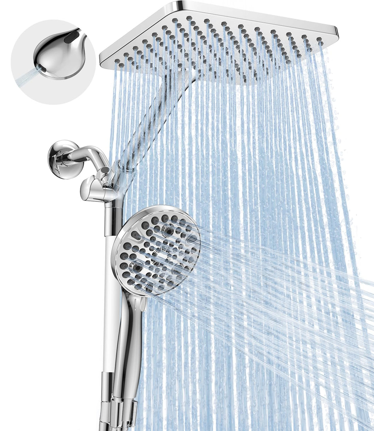 MakeFit Dual Handheld Shower Head Combo, 2-in-1 Rain Shower Heads System 8 Inch Rainfall Shower Head and 10 Modes High Pressure Hand Held Showerhead with Built-in Power Wash