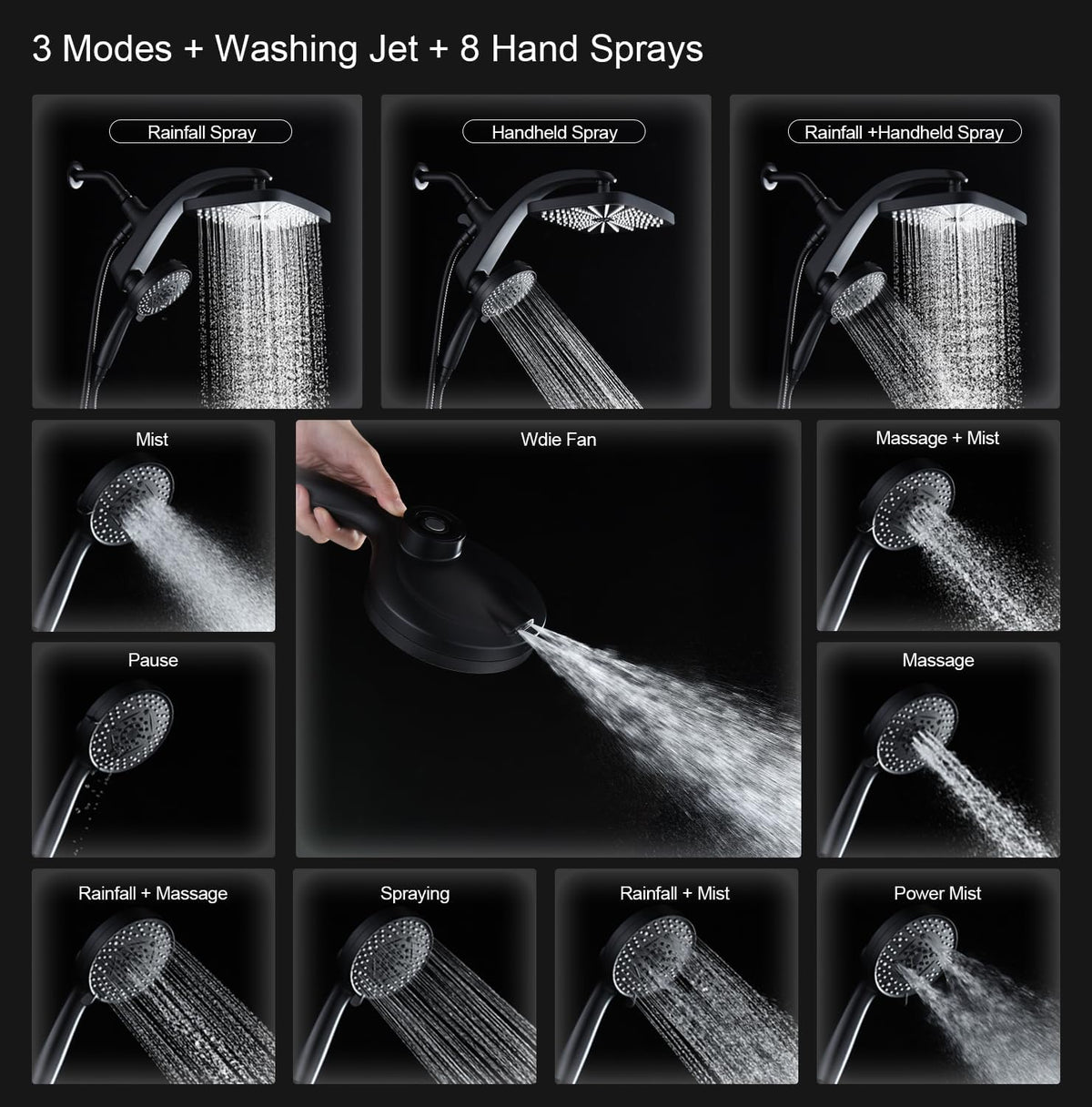Rain Shower Head with Handheld Showerhead, Black 1.8GPM 460311