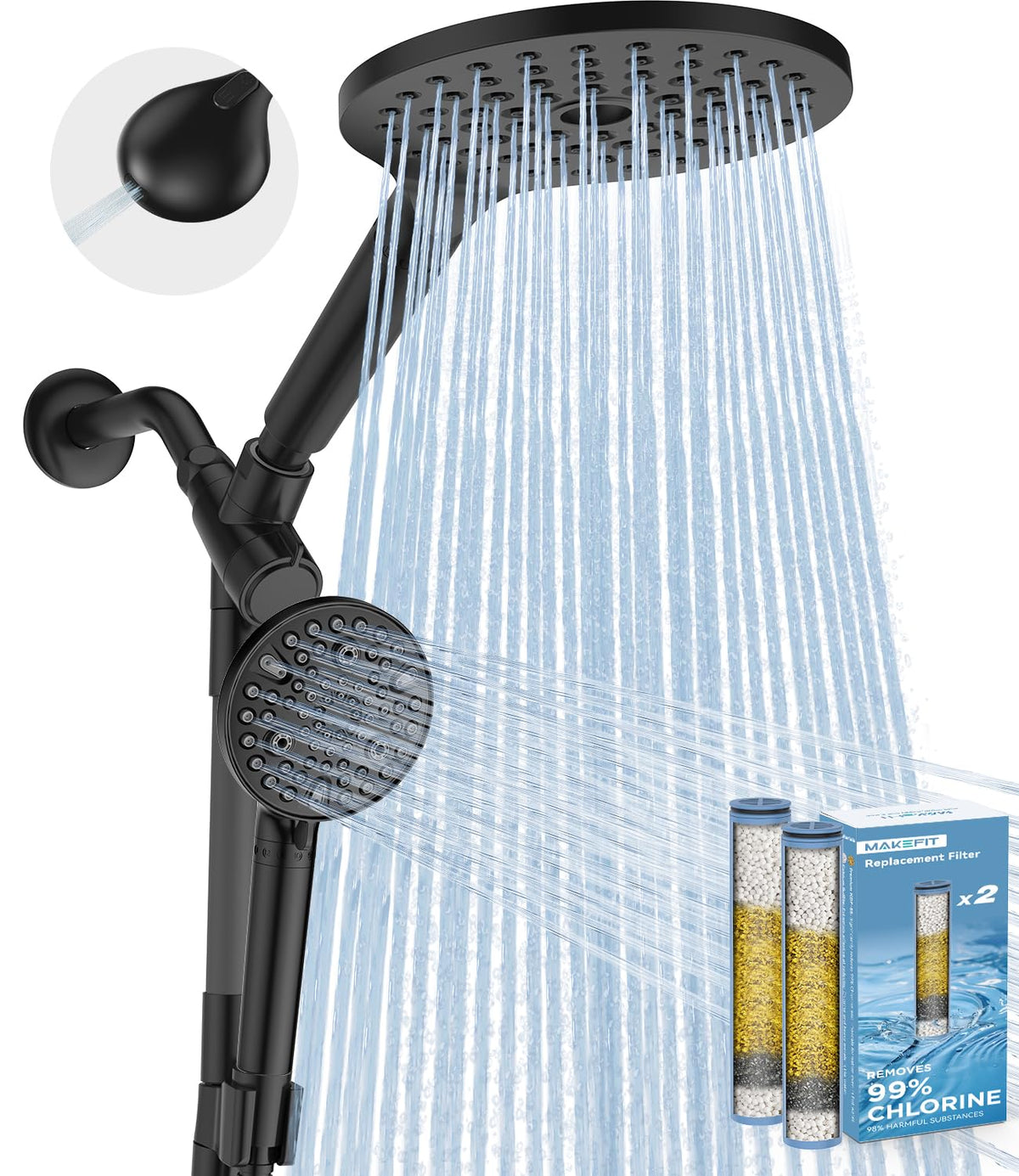 MakeFit Dual Handheld Shower Head Combo, 2-in-1 Rain Shower Heads System 8 Inch Rainfall Shower Head and 10 Modes High Pressure Hand Held Showerhead with Built-in Power Wash