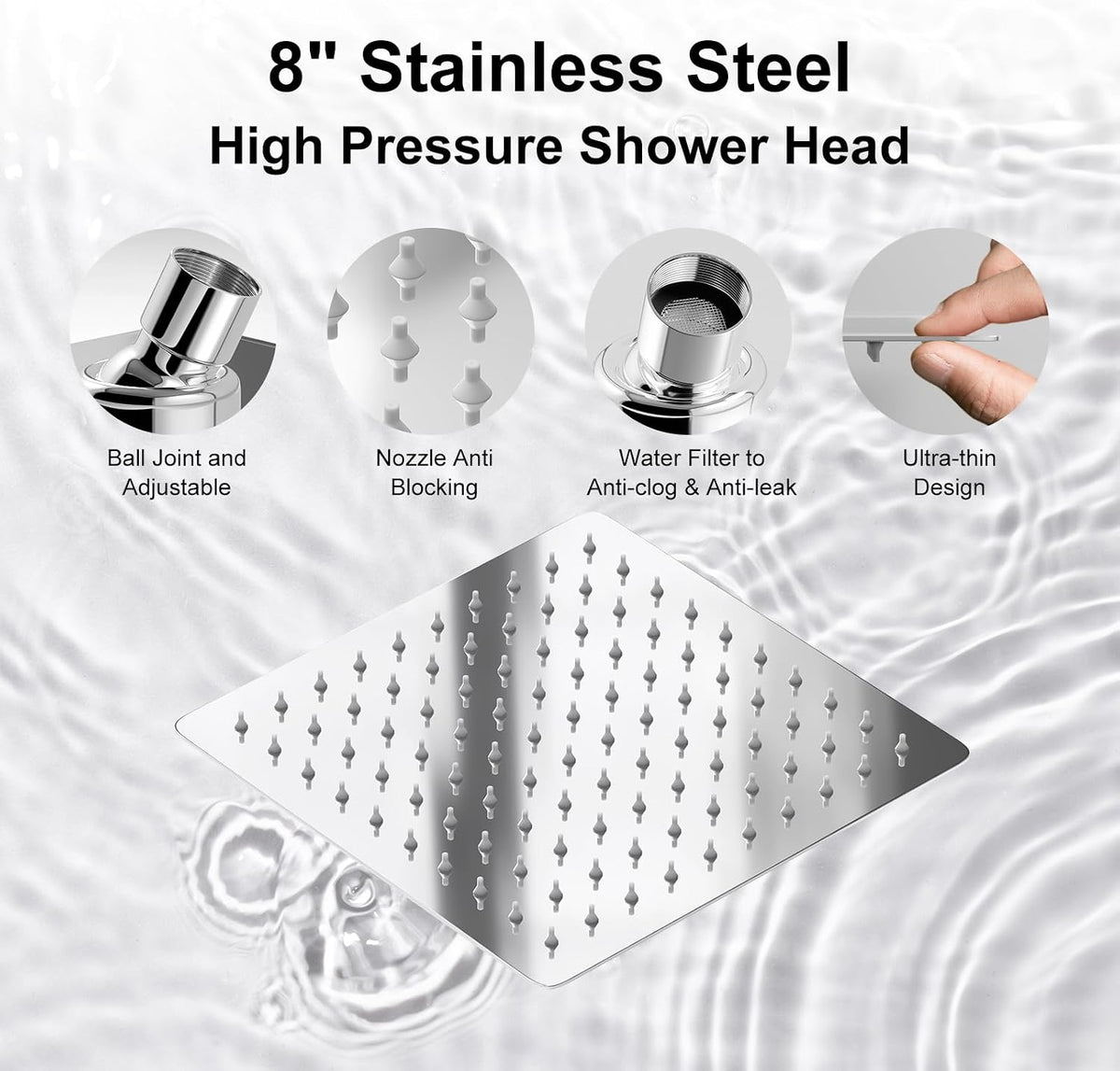 Shower Head with Handheld Spray, 8" High Pressure Rain Shower Head Combo with Adjustable Extension Arm, 5 Spray Modes Dual Showerhead Set, Detachable Handheld Shower, 304 Stainless Steel, Chrome